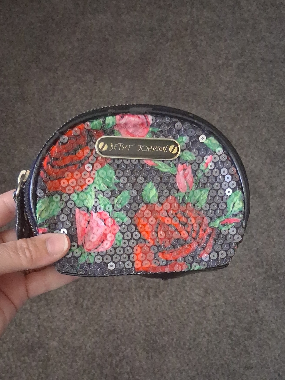 Betsey Johnson Rare Floral Sequins Cosmetic Pouch Mini Bag Clutch